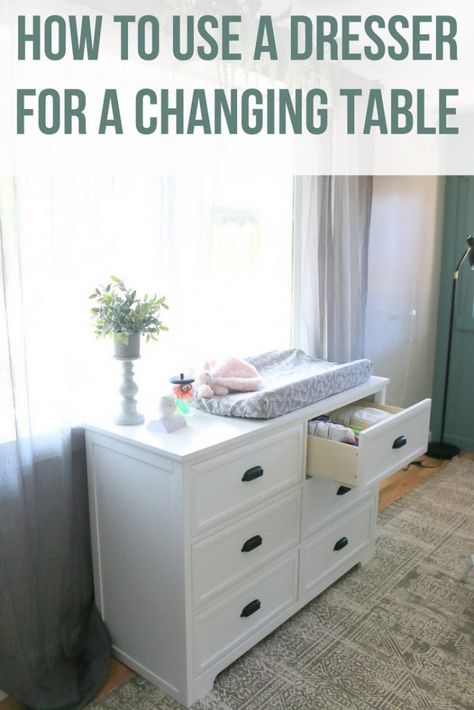 We are using a changing table dresser instead of a traditional changing table. This is one of my favorite tips and tricks when it comes to designing a nursery. Changing tables are only used for a short while and then they are completely useless pieces of furniture. All you really need for a changing table is a flat surface. We use the top of the dresser with a changing pad and put the diaper supplies in the top drawer. #changingtable #nursery #momhack Securing Changing Pad To Dresser, Changing Table Under Window, Dresser Top Diaper Station, Changing Pad On Dresser Ideas, Changing Table On Top Of Dresser, Dresser Changing Table Ideas, Small Changing Table Ideas, Changing Pad On Dresser, Dresser Baby Changing Table