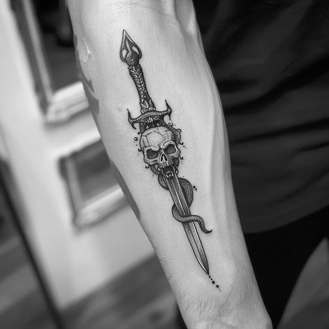 Sword and dagger tattoo. Check my profile for more design ideas . . . . . . . . #swordtattoo #skultattoo #darkart #tattooflash #blackandgreytattoo #darkartist #gothicart #tattoosleeve #darktattoos #darkillustration #swordart #skullart #swordanddaggertattoo #darktattoosubmission #darktattooart #swordandrosestattoo Gothic Dagger Tattoo, Blood Tattoo, Dagger Tattoo, Momento Mori, Tattoo Art Drawings, Dark Tattoo, More Design, Forearm Tattoos, Forearm Tattoo