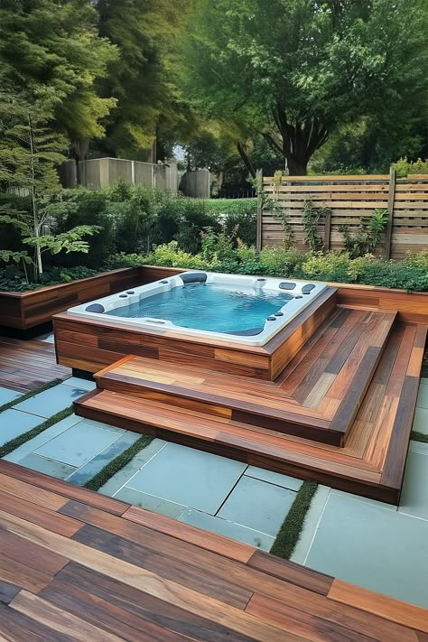 floating deck around hot tub Pool Wood Deck Ideas, Modern Hot Tubs Patio, Jacuzzi Built In Deck, Hot Tub With Deck Around It, Hot Tub And Deck Ideas, Deck Around Swim Spa, Deck And Hot Tub Ideas, Pool With Decking Surround, Swim Spa Backyard Ideas With Deck