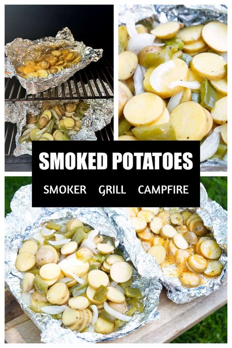 Smoked Potatoes ( Smoker, Grill or Campfire) | Smoked potatoes are a delicious and flavorful twist on the classic spud dish. By infusing the potatoes with a rich, smoky flavor, they take on a whole new level of complexity and taste. These customizable potatoes can be cooked along side the main dish in the smoker, grill, or even over the campfire. Smoked Sliced Potatoes, Potatoes On Smoker, Baked Potatoes In Smoker, Smoked Potatoes In Smoker, Potatoes On Smoker Recipe, Smoker Potatoes, Smoked Potatoes In Smoker Recipes For, Pellet Grill Baked Potato, Potato’s On The Smoker