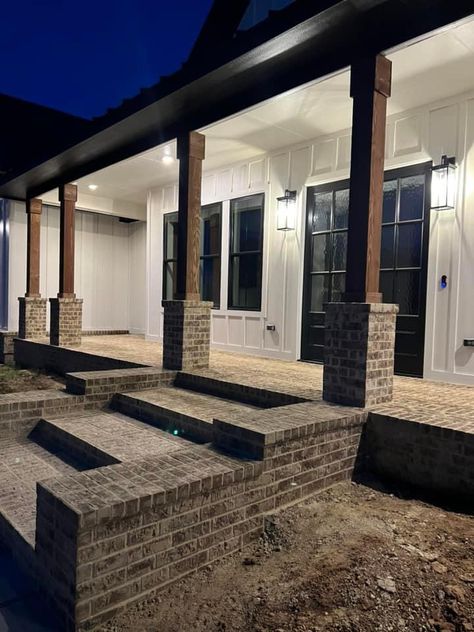 Brick around pillars and steps Brick Patio Columns, Brick Pillars Porch, Brick Columns Porch, Brick Pillars, Deck Sunroom, Brick Porch, Wood Column, Brick Columns, Front Walkway