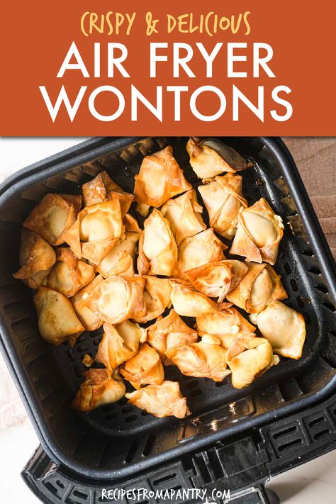 Folding wontons is the most difficult part of this cream cheese wonton recipe and even that is easy. You will love making wontons in air fryer for an easy appetizer. Click through to get the awesome air fryer cream cheese wontons recipe!! #airfryer #friedwontons #wontons Air Fryer Wonton Recipes, Rangoon Recipe Cream Cheese, Wontons In Air Fryer, Cheese Rangoon Recipe, Air Fryer Wontons, Air Fryer Cream Cheese, Wonton Appetizer Recipes, Wonton Recipe, Wonton Wrapper Recipes