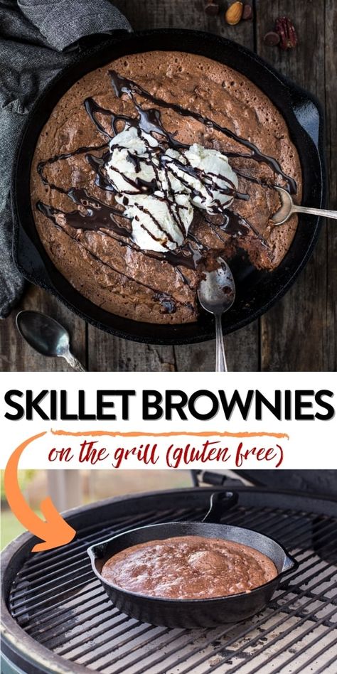 Grilled Skillet Brownies with dense texture and an incredible chocolate flavor. Grilled over indirect heat and topped with ice cream. Can be made Gluten Free! Skillet Brownie, Grilled Desserts, Homemade Comfort Food, Grilled Meat Recipes, Vanilla Bean Ice Cream, No Bake Brownies, Semi Sweet Chocolate Chips, Summer Food, Cooking On The Grill