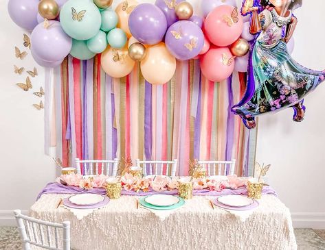 Encanto / Birthday "Encanto Birthday Celebration" | Catch My Party Simple Encanto Birthday Decor, Encanto Background Party, Antonio Encanto Birthday, Encanto Fourth Birthday, Candy Bar Encanto Disney, Butterfly Cutout, Streamer Backdrop, Paper Flower Garlands, Tissue Flowers