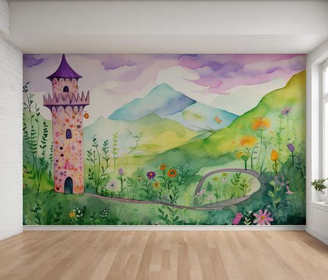 Princess Tower Enchanted Mural Wallpaper Nursery Wallpaper Children's Wall Art Illustrated Mural - Etsy Enchanted Forest Mural, Princess Tower, Mural Nursery, Rapunzel Tower, Wallpaper Nursery, Forest Mural, Nursery Mural, Childrens Wall Art, Princess Rapunzel