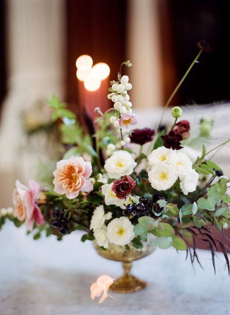 Searching for the perfect autumnal centerpiece? You've found it in this Emblem Flowers compote arrangement, featuring black cherries, chocolate cosmos, and snowberries. Yellow Dress Wedding, Garden Party Wedding Theme, Classic Wedding Centerpieces, Compote Centerpiece, Compote Vase, Guest Table Centerpieces, Floral Workshop, Peonies Centerpiece, Chocolate Cosmos