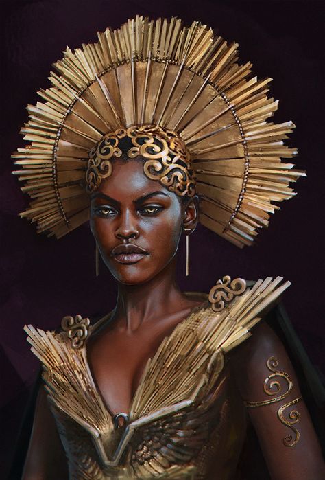 Gold Queen, Alina Shutko on ArtStation at https://www.artstation.com/artwork/xGyr1 9 Ether, Goddess Shoot, Divine Creatures, Jungle Creatures, Fantasy Photoshoot, African Makeup, African Mythology, African Goddess, Heroic Fantasy