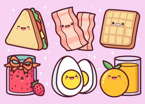 Cute Breakfast Food Drawings, Breakfast Food Drawing Easy, Kawaii Breakfast Drawing, Cute Breakfast Drawing, Breakfast Food Drawing, Stiker Food Cute, Kawaii Art Cute Food, Cute Food Art Drawing, Food Cartoon Drawing