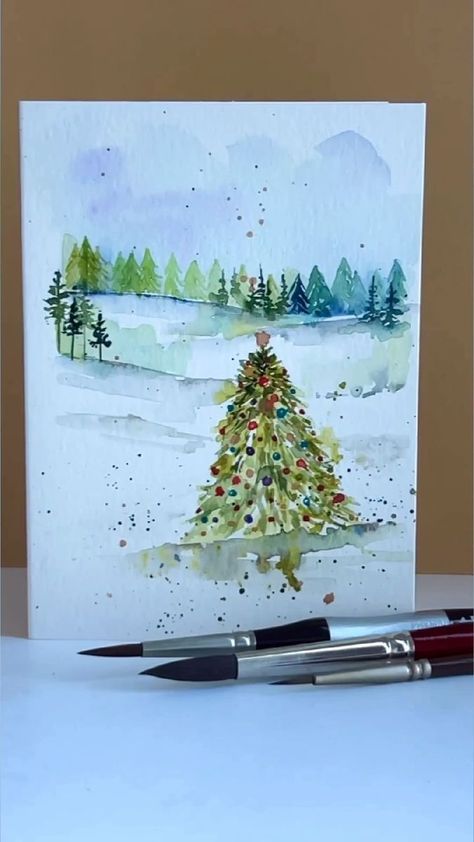 Paint Pine Trees, Paint A Christmas Tree, Watercolor Christmas Cards Diy, Basic Watercolor, Paintings Tutorials, Watercolor Christmas Tree, Art Tutorials Watercolor, Christmas Card Art, Diy Watercolor Painting