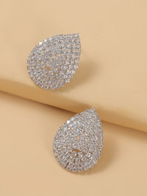 Silver Rhinestone Earrings, Rhinestone Stud Earrings, Stud Earrings Shein, Big Stud Earrings, Earrings Shein, Embellished Fashion, Luxury Earrings, Rhinestone Decor, Silver Glass