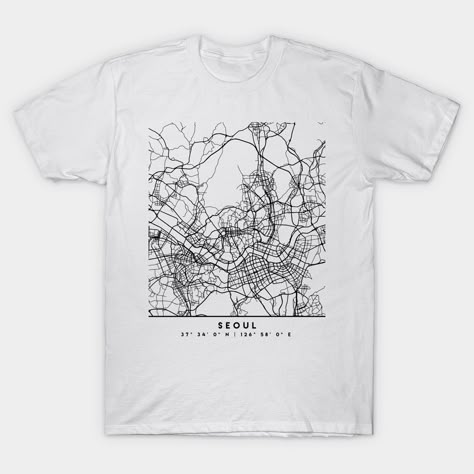 A classic city street map of Seoul, South Korea in black and white, with the exact coordinates of the city, make up this amazing art piece. A great gift for anybody that has love for this city. You can never go wrong with class. I love my city. -- Choose from our vast selection of Crewneck and V-Neck T-Shirts to match with your favorite design to make the perfect custom graphic T-Shirt. Pick your favorite: Classic, Relaxed Fit, V-Neck, Tri-Blend, Dolman Extra Soft Tri-Blend, Slouchy V-Neck, Slou Map Tshirt Design, City T Shirt Design, City Shirt Design, Architecture Shirt Design, City Tshirt Designs, Company T Shirt Design, Trendy Merch, Church Shirt Designs, Church Merch