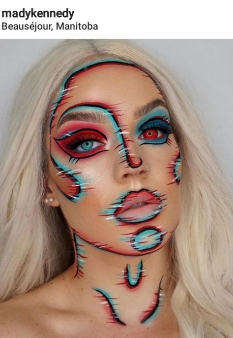 Glitch Makeup Looks, Alastor Makeup, Scary Makeup Halloween, Pop Art Makeup Tutorial, Scary Halloween Makeup Looks, Alice Makeup, Makeup Halloween Ideas, Cabinet Man, Alien Halloween Makeup