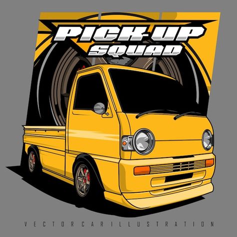 Truck Poster Design, Pickup Truck Drawing, Topper Truk Oleng, Truck Typography, Vektor Truk Canter, Camping Drawing, Yellow Truck, Logo Game, Pickup Car