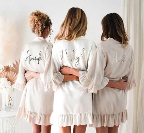 ruffle sleeve cream personalized bridesmaid robes Wedding Group Poses, Bride And Maid Of Honor, Wedding Pajamas, Bridal Robes Personalized, Getting Ready Outfits, Satin Bridal Robe, Getting Ready Robes, Bridesmaid Robe Personalized, Wedding Photo Shots