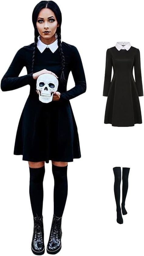 Costume Dress Women Adult Halloween Costume with Stockings Family Cosplay Peter Pan. AS AN AMAZON ASSOCIATE I EARN COMMISIONS FROM QUALIFIED PURCHASES AT NO EXTRA COST TO YOU. #WEDNESDAYADDAMS #HALLOWEEN #HALLOWEENCOSTUMEIDEAS #SPOOKYSEASON Adult Wednesday Addams Costume, Wednesday Costume, Wednesday Addams Costume, Family Cosplay, Long Sleeve Black Dress, Addams Family Costumes, Sleeve Black Dress, Couples Halloween Outfits, Peter Pan Collar Dress