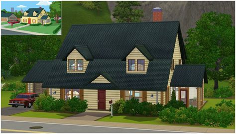 Mod The Sims - Family Guy House v3 - 4 BR, 2 BA (The Sims 3) Sims 3 Family, Family Guy House, Cartoon Houses, Sims Family, Cape Cod Home, Griffin Family, Cartoon House, Big Yard, Piano Room