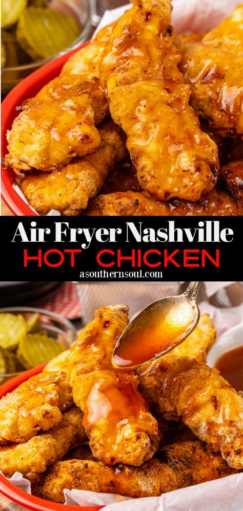 Air Fryer Nashville Hot Chicken is a new healthy twist on the classic Southern dish that people rave about! With iconic sweet heat flavors of honey, cayenne, and hot sauce coating crispy air-fried chicken, this recipe will have you licking your lips and your fingers to savor every amazing bite. Air Fryer Nashville Hot Chicken, Nashville Hot Chicken Tenders, Hot Chicken Tenders, Buffalo Chicken Fingers, Chicken Lips, Soul Recipes, Hot Chicken Recipe, Chicken Finger Recipes, Keto Fried Chicken