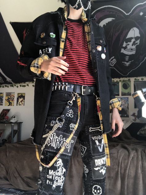 Emo Outfit Ideas Men, Red Punk Outfits Men, Punk Style Outfits Grunge, Punk Fits Male, Punk Alternative Style, Alternative Date Night Outfit, Masculine Punk Outfits, Punk Masc Outfits, Alternative Outfits Masc