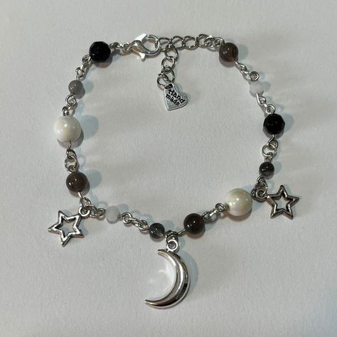 ☆ Ig & Depop: Seek uNeek ☆ handmade ☆ materials: alloy metal, plastic, artificial crystal ☆ freebies every order ☆ more info on store post #moon #stars #beaded #bracelet #handmade #smallbusiness #beadedbracelet #luna Moon Inspired Necklace, Bracelet Ideas Metal, Moon Bracelet Aesthetic, Moon Charm Bracelet, Star Beads Bracelet, Metal Beaded Bracelets, Moon Bead Bracelet, Moon Beaded Bracelet, Small Beads Bracelet