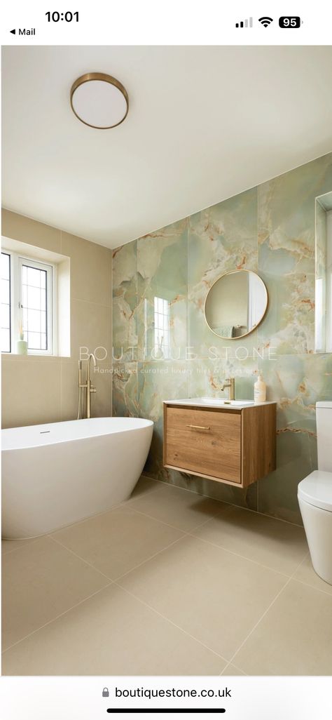 Onyx Tile Bathroom, Onyx Bathroom, Sage Green And Gold, Onyx Tile, Bathroom Sink Design, Bathroom Ensuite, Limestone Flooring, Large Format Tile, Sink Design