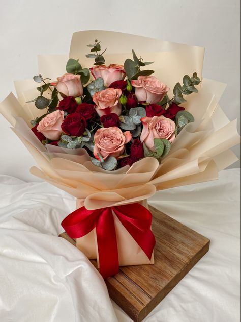 Bouquet Of Roses, Roses, Ribbon, Red