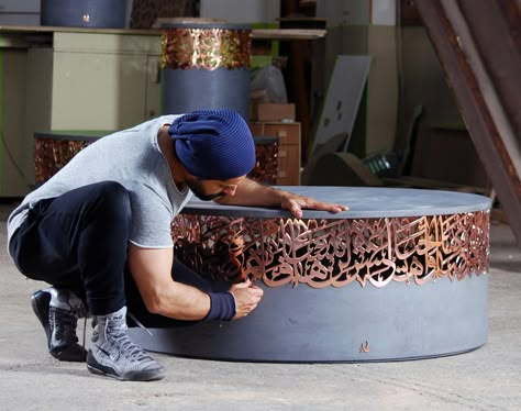 iyad-naja-tables-duabi-design-week-designboom-22 Dubai Design Week, Concrete Stool, Arabic Decor, Metal Stool, Islamic Decor, Modul Sofa, Islamic Design, Typography Inspiration, Metal Furniture