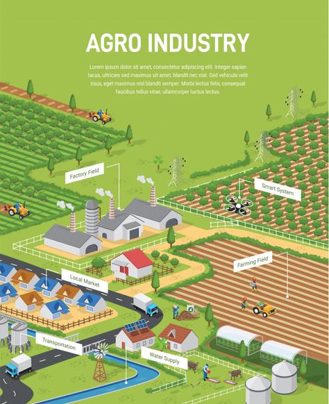 Isometric Farm, Agriculture Infographic, Industry Illustration, Smart Farm, Isometric Map, Farm Village, Rural Architecture, Text Template, Eco Life