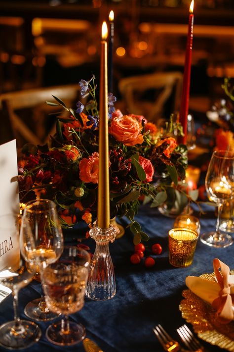 Claire and Kevin envisioned a dinner party atmosphere for their reception, with navy velvet linens, hand-painted velvet ribbon place cards, and overflowing florals and fruits as centerpieces. Danish candles added a soft glow, creating the perfect ambiance. Planner: @tarafayevents Florals: @flowersbymoira Photography: @brettharkness Stationary & Invitations: @grosvenorstationerycompany Linens: @totalevent.ie Monogram: @sarahodea Venue: @Virginia_park_lodge . . . . . #Tarafayevents #tarafay #... Jewel Tone Candles, Moody Jewel Tone Wedding Table Settings, Jewel Tone Place Setting, Jewel Tone Wedding Stationery, Jewel Tone Glassware Wedding, Jewel Tone Wedding, Candle Dinner, Wedding Candles, Velvet Ribbon