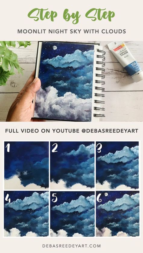 Moonlit night sky with clouds - acrylic painting in Sketchbook - Debasree Dey Art Painting In Sketchbook, Night Sky With Clouds, Sky With Clouds, Night Clouds, Acrylic Tutorials, Sky Art Painting, Flower Drawing Tutorials, Moonlit Night, Acrylic Painting Tutorials