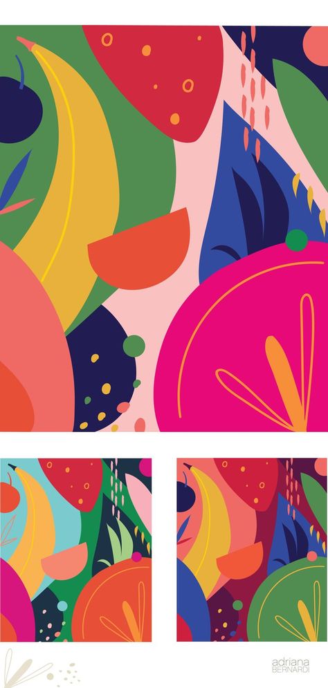 Some illustrations from a design concept I worked on for a project in Brazil. This was an unselected concept but I really enjoyed working on it and exploring a more abstract/collage style. #summervibes #illustration #fruits #fruitillustration #colorfulillustration #surfacepatterndesign Food Abstract Illustration, Abstract Fruit Illustration, Tropical Fruits Illustration, Tropical Illustration Graphics, Food Pattern Illustration, Fruit Illustration Design, Smoothie Illustration, Tropical Graphic Design, Scifi Lab