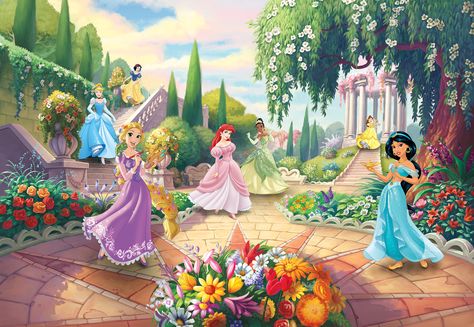 Disney's enchanting princesses enjoy some carefree fun in the castle garden. Children room girl bedroom ideas Disney princess. Wall decoration princess photomural. Children room wall decor. @komarproducts Disney Mural, Disney Garden, Room Girl, Princess Parking, Board Pictures, Nursery Wall Murals, Princess Wallpaper, Princess Kids, Princess Room