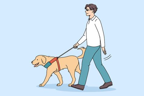 Blind Drawing, Dog Sketch, Guide Dog, Dog Help, Man And Dog, Dog Illustration, Dog Drawing, Service Dogs, Vector Photo