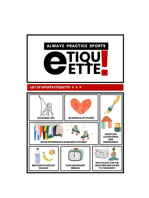 Signage about etiquette in physical education | January 2021 - photo credits to the owner of the illustrations Gym Etiquette Signage, Gym Etiquette, List Of Sports, Proper Etiquette, School Template, Fitness Facilities, Healthy Exercise, Cute Images With Quotes, Education Poster