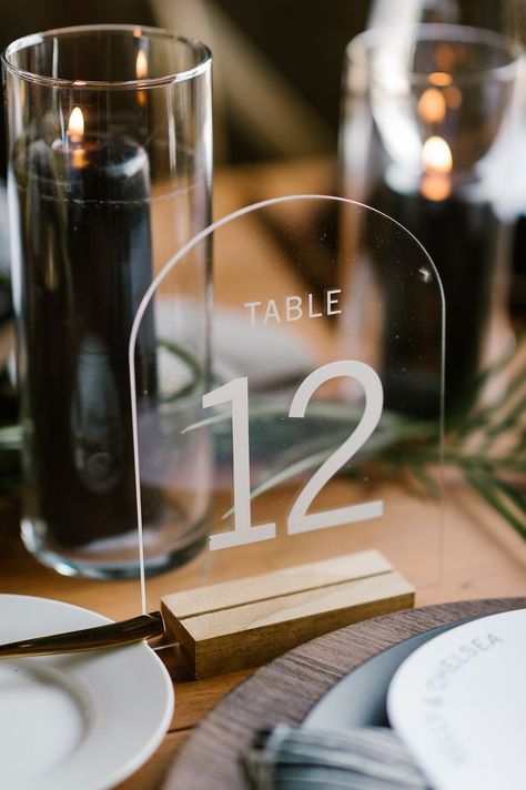 Domed arch acrylic table number with a custom made wood base, Summer wedding at Industry in Downtown Indianapolis | Indianapolis Custom Wedding Stationery | For inquiries, please email Cari at hello@interprintations.com | Photo Credit: Rebecca Shehorn Photography Arched Acrylic Table Numbers, Clear Acrylic Table, Table Number Sign, Ideas Bodas, Acrylic Table Numbers, Downtown Indianapolis, Acrylic Table Number, Wood Centerpieces, Bryn Mawr