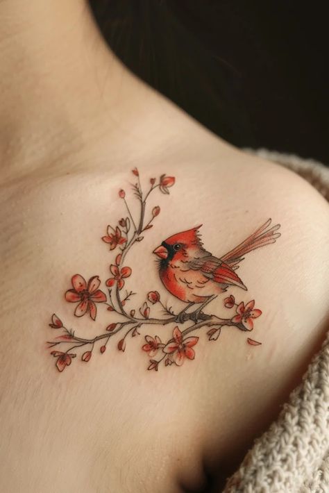 Beautiful Cardinal Tattoo Ideas with Symbolism Cardinal And Butterfly Tattoo, Cardnial Tattoo, Momma Tattoo, Cardinal Tattoo Ideas, Cardinal Bird Tattoos, Red Cardinal Tattoos, Small Cardinal Tattoo, Tattoo Memorial, Tattoo Ideas With Meaning