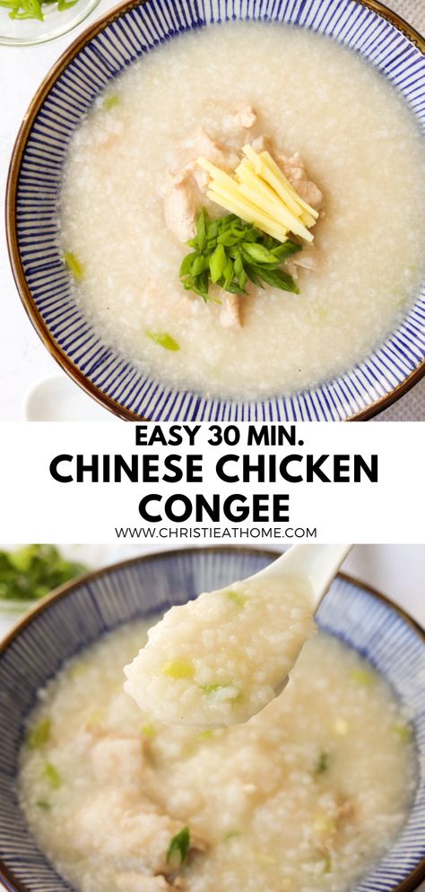 Easy 30-min. Chinese Chicken Congee. A comforting rice porridge with chicken, scallions and ginger that satisfies your taste buds! This congee recipe is so easy and made with simple ingredients. Pressure Cooker Congee, Simple Chinese Recipes, Easy Congee Recipe, Chicken Congee Recipe, Abalone Recipe, Bestie Recipes, Recipe With Ginger, Chicken Congee, Congee Recipe