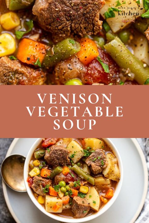 I adore soup year-round and this venison vegetable soup brings back some of my favorite memories of my mom making big batches of soup on snowy days. Making a version of that soup with deer meat couldn’t be easier. All you need to do is saute the vegetables and meat. I then like to add herbs and seasoning before adding broth/stock, it helps the flavor. This soup is so easy and works with basically any vegetables you might have around! #venison #venisonrecipes #deermeat #wildgame #wildgamecooking Deer And Noodles, Ground Deer Soup, Deer Meat Vegetable Soup, Things To Make With Deer Meat, Soup With Deer Meat, Deer Vegetable Soup, Deer Meat Soup Recipes, What To Make With Deer Meat, Easy Venison Stew