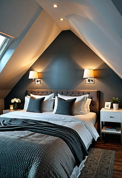 35+ Cool Attic Bedroom Design Ideas » HomeDecorFull Loft Conversion Bedroom Decorating Ideas, Attic Bedroom Makeover, Loft Bedroom Sloped Ceiling, Cozy Bedroom Slanted Ceiling, Loft Conversion Decorating Ideas, Attic Bedroom Ceiling Ideas, Attic Bedroom Renovation, Attic Bedroom Inspirations, Attic Bedroom Conversion