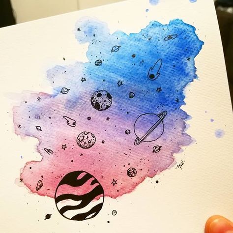 watercolorbotanicals #watercoloring #watercol Star Aesthetic Painting, Galaxy Easy Drawing, Galaxy Aesthetic Drawing, Planets Watercolor Painting, Planet Painting Ideas, Space Drawings Galaxies, Cute Planet Drawings, Galaxy Drawing Ideas, Galaxy Planet Painting