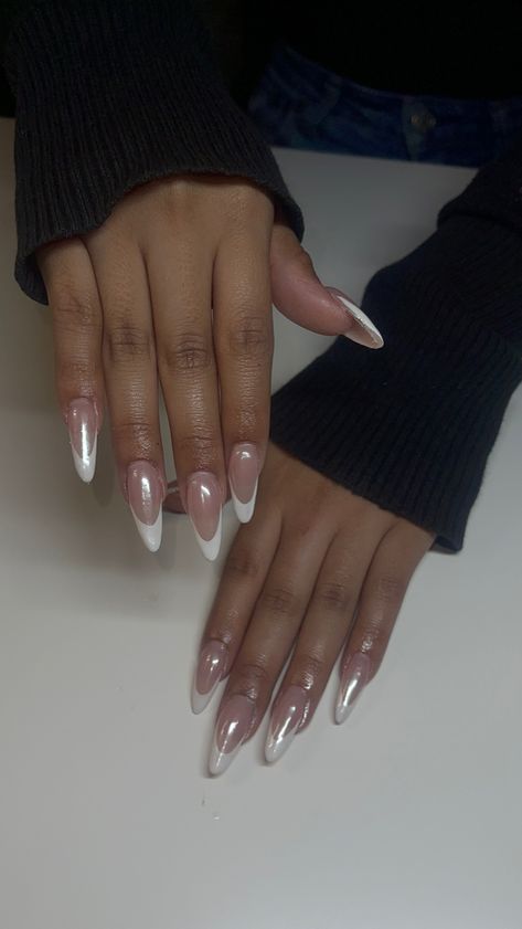 Long French Nails, Wife Nails, Nails Images, White Chrome Nails, White French Nails, Pink Tip Nails, Almond Nails French, Pointy Nails, White Chrome