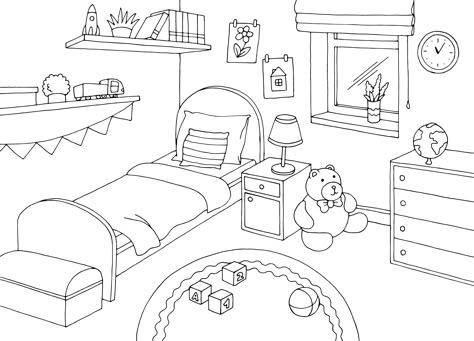 Bedroom Cartoon Drawing, Bedroom Easy Drawing, Bedroom Colouring Pages, Room Colouring Pages, Coloring Pages Bedroom, Bedroom Doodle, Bedroom Drawing Sketches, Bedroom Coloring Pages, House Coloring Pages Free Printable