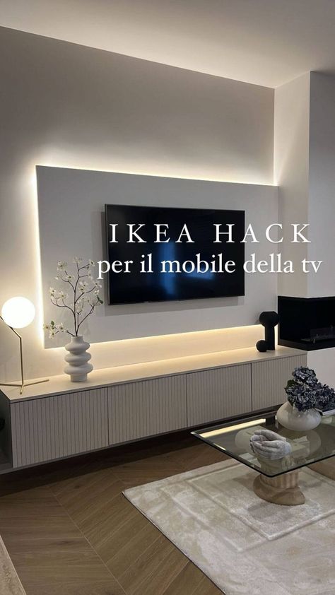 IKEA BESTÅ and BJÖRKÖVIKEN Custom TV Stand Hack Modern Ikea Living Room, Hedeviken Ikea Besta, Mobile Tv Ikea, Tv Rum Inspiration, Wall Unit Ideas Living Room, Ikea Tv Wall Unit, Ikea Hack Living Room, Modern Tv Unit Designs, Tv Wall Ideas