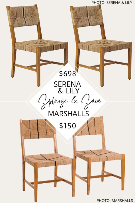 Always wanted a Serena and Lily kitchen or dining room? If you love coastal kitchens, you've got to see this Serena and Lily Carson dining chair dupe from Marshalls and T.J.Maxx. #inspo #style #decor #furniture #dupes #copycat #lookforless #budget Serena And Lily Dining Chairs, Serena And Lily Dining Room, Serena And Lily Kitchen, Coastal Dining Chairs, Beach Dining Room, Coastal Kitchens, Seagrass Dining Chairs, Coastal Dining, Coastal Home Decor