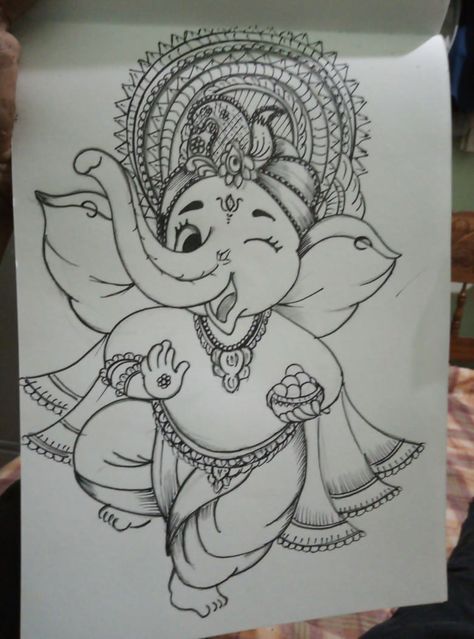 Virat Drawings, Ganpati Sketch Pencil Easy, Ganesh Painting Easy, Ganapathi Drawing, Ganesh Ji Pencil Sketch, Ganesha Drawing Sketches, Kalamkari Painting Easy, Cute Ganesha Drawing, Shiv Drawing