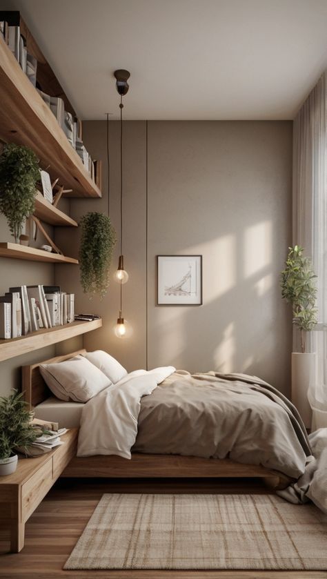 Small Bedroom Ideas Hotel Style, Studio Rooms Bedrooms, Scandi Small Bedroom, Small Living Bedroom Ideas, Bedroom Dark Brown Floor, Zen Aesthetic Bedroom, Warm Scandinavian Bedroom, Micro Bedroom Ideas, Small Bedroom Ideas Gray