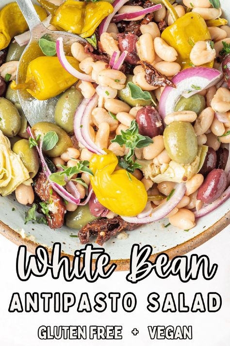 White Bean Antipasto Salad @spabettie #glutenfree #vegan Vegan Chickpea Burger, Easy Salads To Make, Sweet Potato Chickpea Curry, Antipasto Salad Recipe, Blue Zones Recipes, Zone Recipes, Chickpea Curry Recipe, Antipasto Salad, White Bean Salad