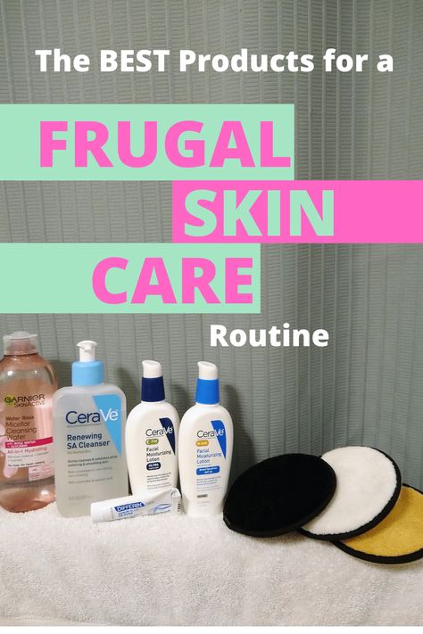 The best products for a frugal skin care routine, simple inexpensive daily facial moisturizer and cleanser, save money on quality beauty supplies Skin Care Routine Simple, Best Facial Products, Cerave Cleanser, Differin Gel, Face Mask For Pores, Pore Mask, Garnier Skin Active, Micellar Cleansing Water, Face Products