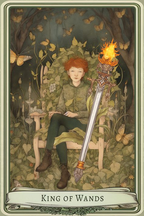 King of Wands shows us that courage and confidence are the keys to success. The card emphasizes the creative process and the ability to influence one's destiny.  #tarot #tarotcardmeanings #tarotreading #tarotcardoftheday #tarotreading #tarotcommunity #tarotonline #tarotcommunity Tarot Card Painting, King Of Wands Tarot, Chakra Tarot, Fairy King, King Of Wands, Card Painting, Wands Tarot, Fairy Paintings, Fairy Drawings