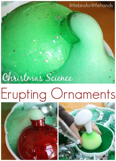 Christmas Baking Soda Science Erupting Ornaments and Ornament Volcano Husband Challenge, Baking Soda Science, Holiday Stem Activities, Christmas Science Activities, Christmas Science Experiments, Holiday Stem, December Ideas, Preschool Program, Holiday Science