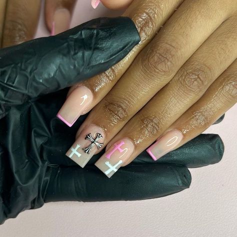 Short Nails With Cross, Cross Nails, Acrylic Nail Set, Colored Acrylic Nails, Girly Acrylic Nails, French Tip Acrylic Nails, Simple Acrylic Nails, Short Square Acrylic Nails, Short Acrylic